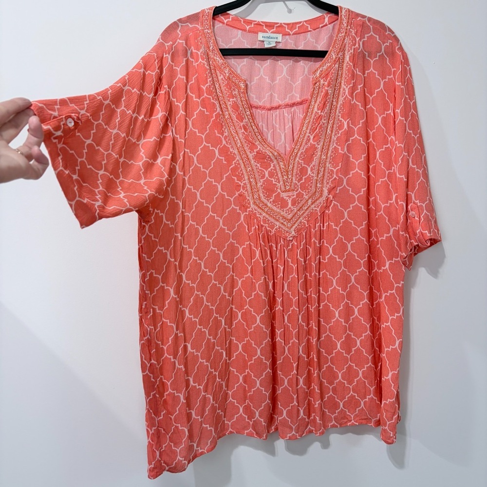 Sundance Coral Embroidered Tunic Top Size XL Beachy Coastal Lightweight Santa Fe